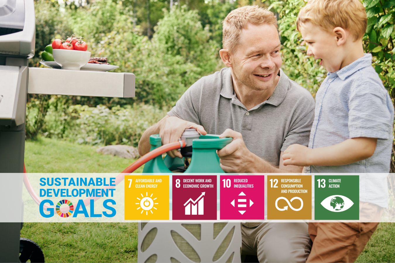 Man and boy connecting propane tank to grill